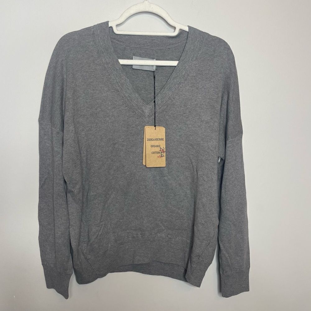 ZADIG & VOLTAIRE Brumy V-Neck Sweater Slub Cotton Gray Size Small - Picture 2 of 12